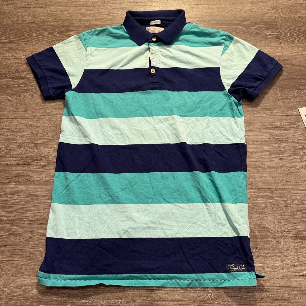 Scotch & Soda Polo Shirt Mens Medium Blue Striped Cotton Pique Preppy Bahamas